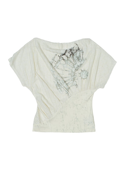 Punk with Semi-Sheer Apricot Top Off-Shoulder Prints Ruched