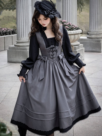 Elegantes Lolita-Kleid mit quadratischem Ausschnitt und langen Bischofsärmeln in Schwarz und Grau