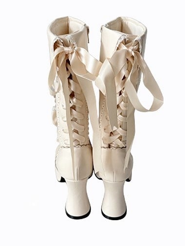 Platform Bow Accents Scalloped Lolita White Elegant Creamy Hem Boots with High-heel