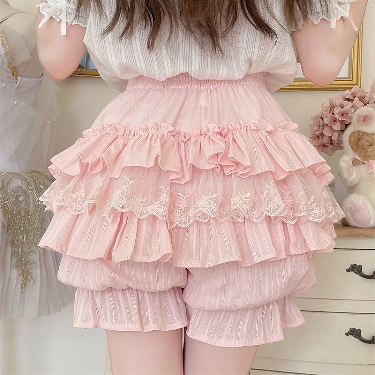 Bow Details Ruffle Lolita Cute with Lace Bloomers Pink Multi-Layer