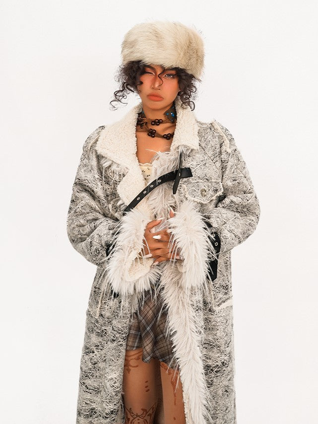 Coat Fur Plush with Straps Adjustable Collar White Mid-Length PU Faux