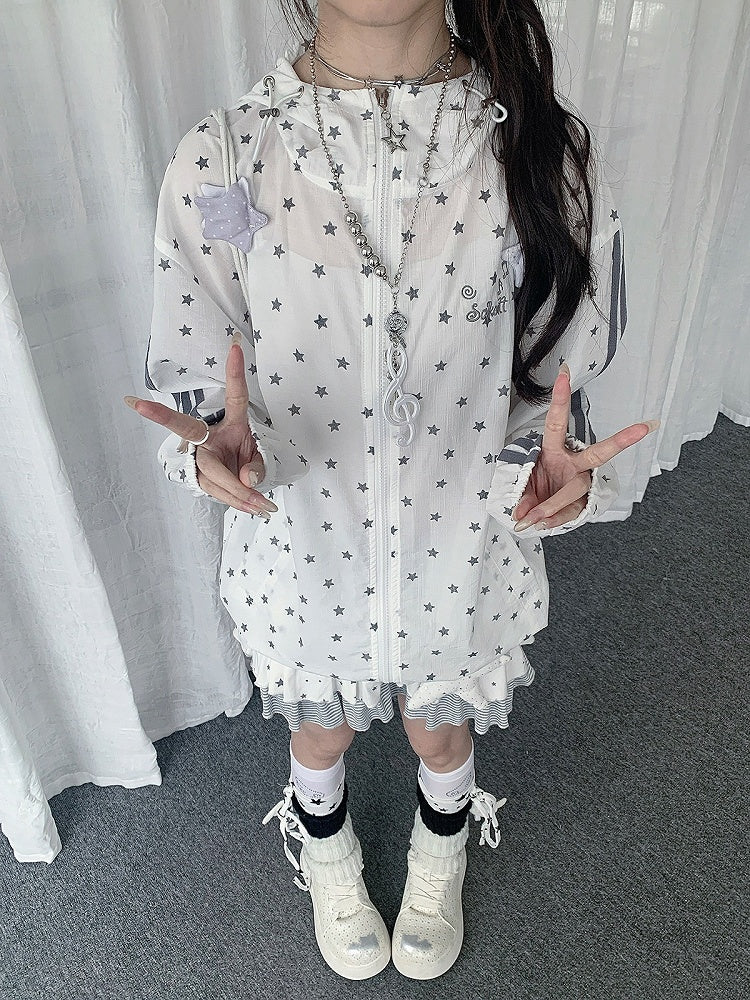 White Star-Print Hooded UV-Protective Jacket