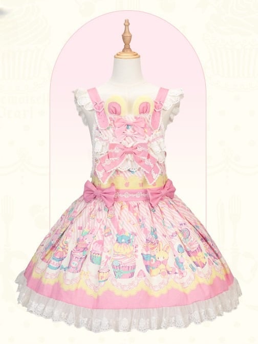 Bunny Cupcake Sweet Lolita Yellow Pink and Dress Overall Print