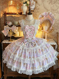 Print Accents Floral Bow JSK Lolita and with Chandelier Crystal Purple