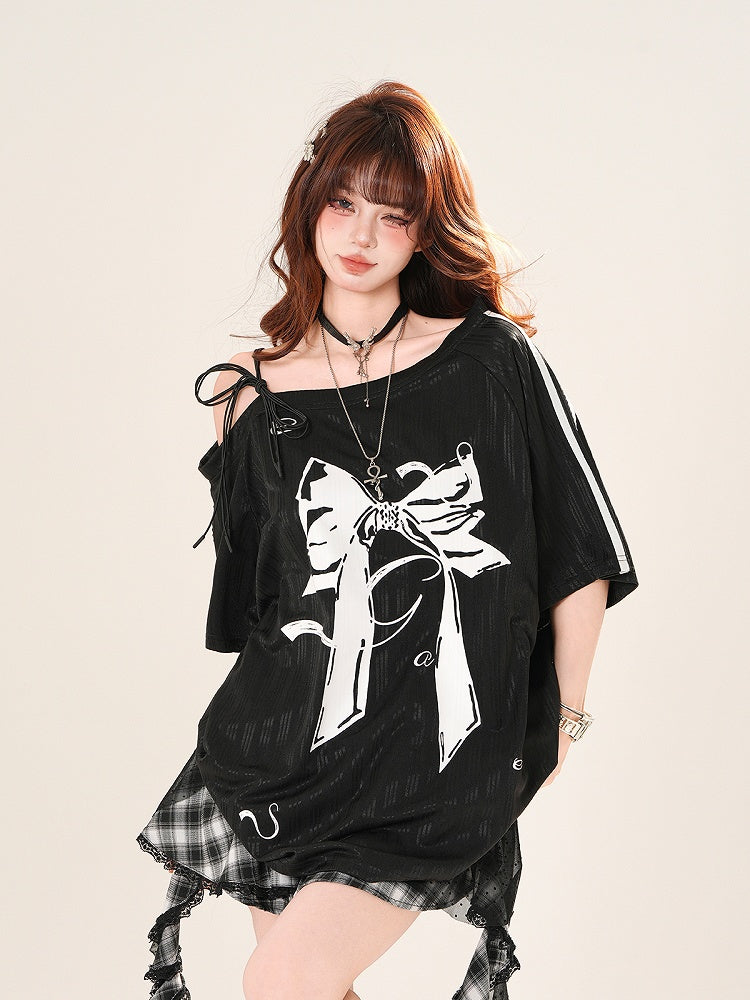 Black/White Asymmetrical Neckline Big Bow Print Loose T-shirt