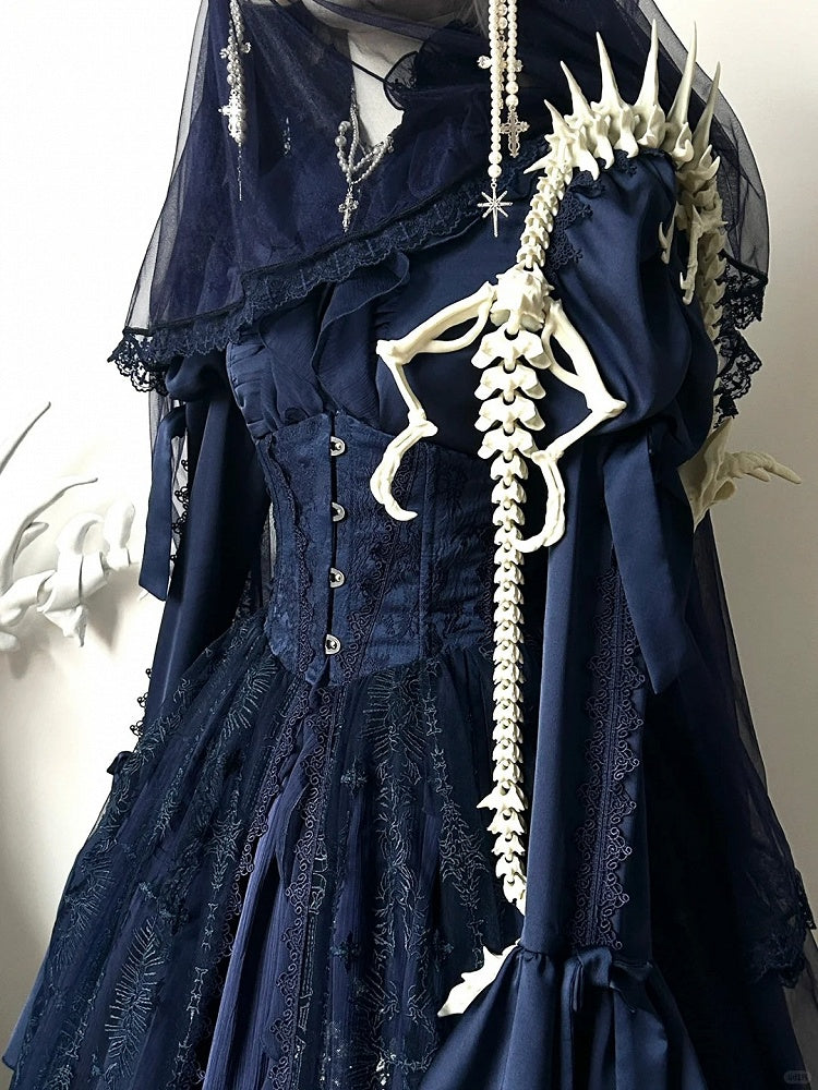Dunkelblauer Gothic Lolita Korsettgürtel mit Kathedralen-Overlay im Kordelzug-Design