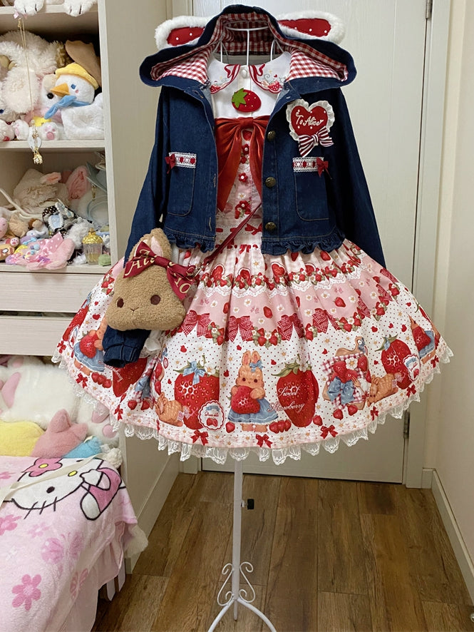 Spring Strawberry and Rabbit Print Big Bow Rabbit Ears Design Light Pink Sweet Lolita Overall Dress