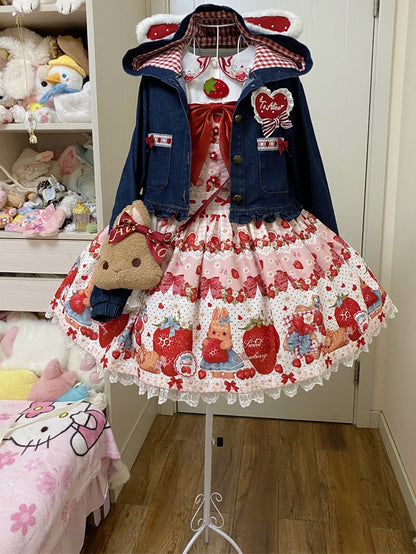 Spring Strawberry and Rabbit Print Big Bow Rabbit Ears Design Light Pink Sweet Lolita Overall Dress