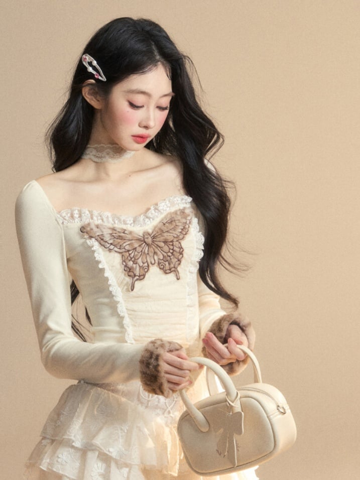 Aprikosenspitze Schmetterling bestickt Plüsch Manschette glamouröse Top gestrickte Trim