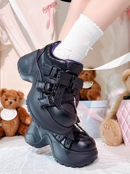 Kei - Black Lace Shoes PU Jirai Platform Trim