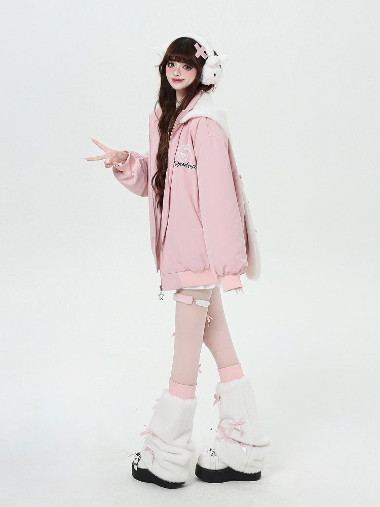 Print Ear Jacket with Hood Detachable Graffiti Thick Bunny Pink