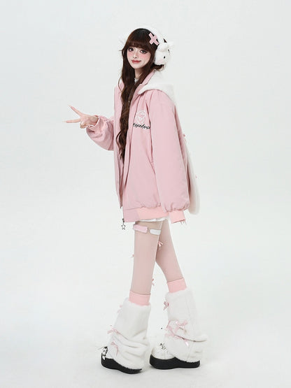 Print Ear Jacket with Hood Detachable Graffiti Thick Bunny Pink