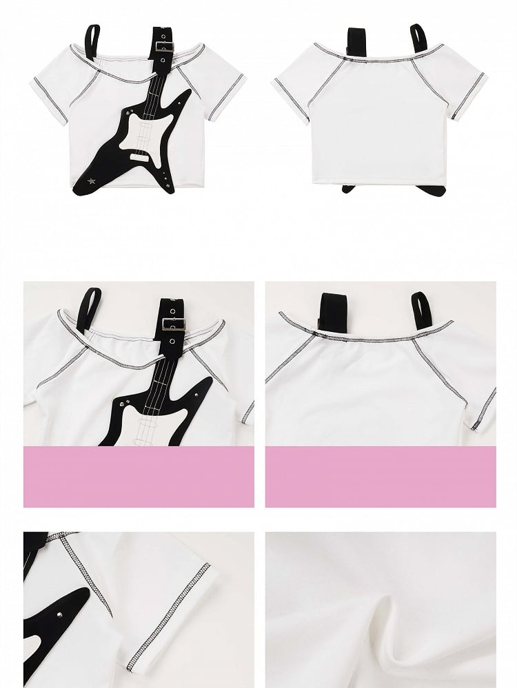White and Applique T-shirt Black Guitar
