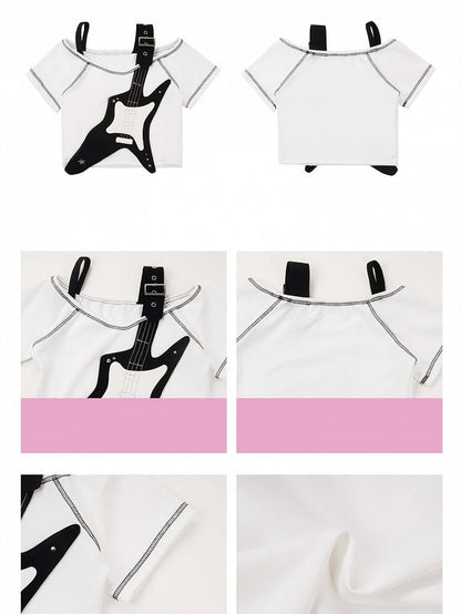 White and Applique T-shirt Black Guitar