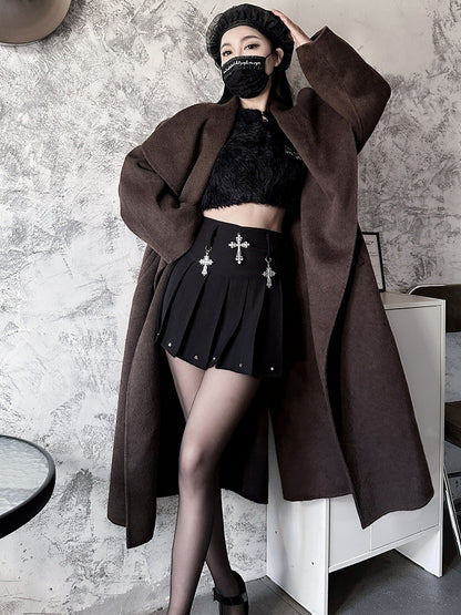Y2K ブラッククロスチャーム ハイウエストスタッズ パンク プリーツスカート