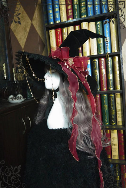 Red Ribbon Bow Christmas Fancy Witch Hat with Optional Shiny Veil and Stars Chain
