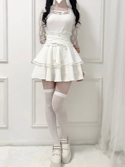 Ruffled High Tie and Black/Dusty Design Detail Pink/White in Corset Waist Skirt Double-Layer