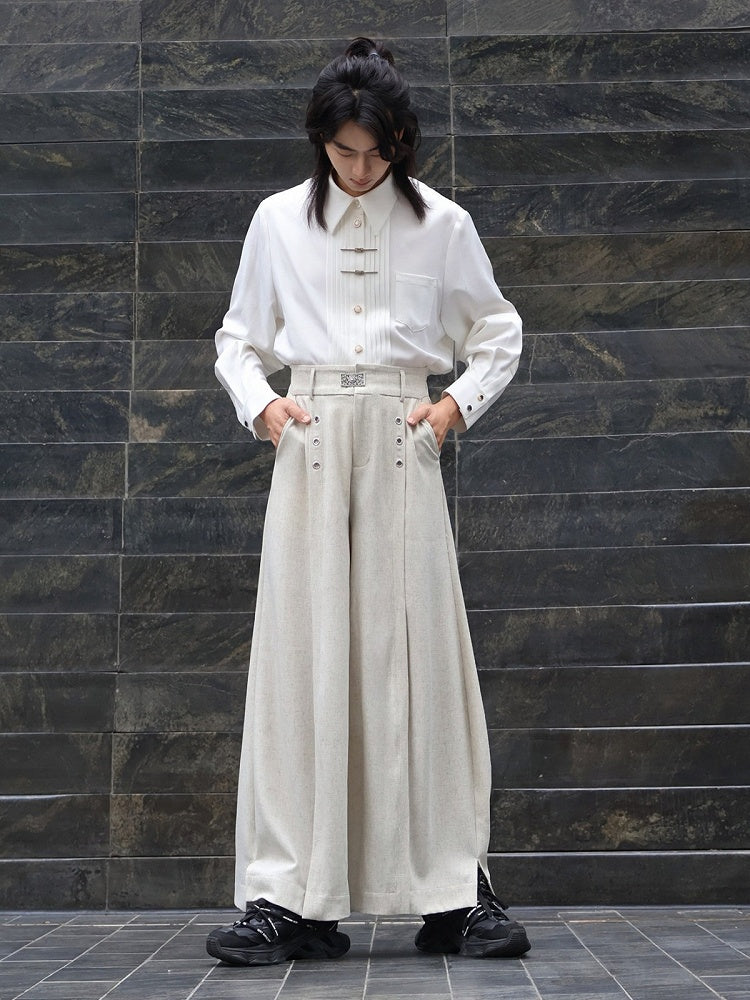 Curved Silhouette Wide-Leg Trousers in Beige - Feng Hua Gui Guo Ling