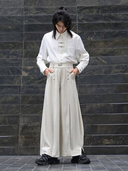 Curved Silhouette Wide-Leg Trousers in Beige - Feng Hua Gui Guo Ling