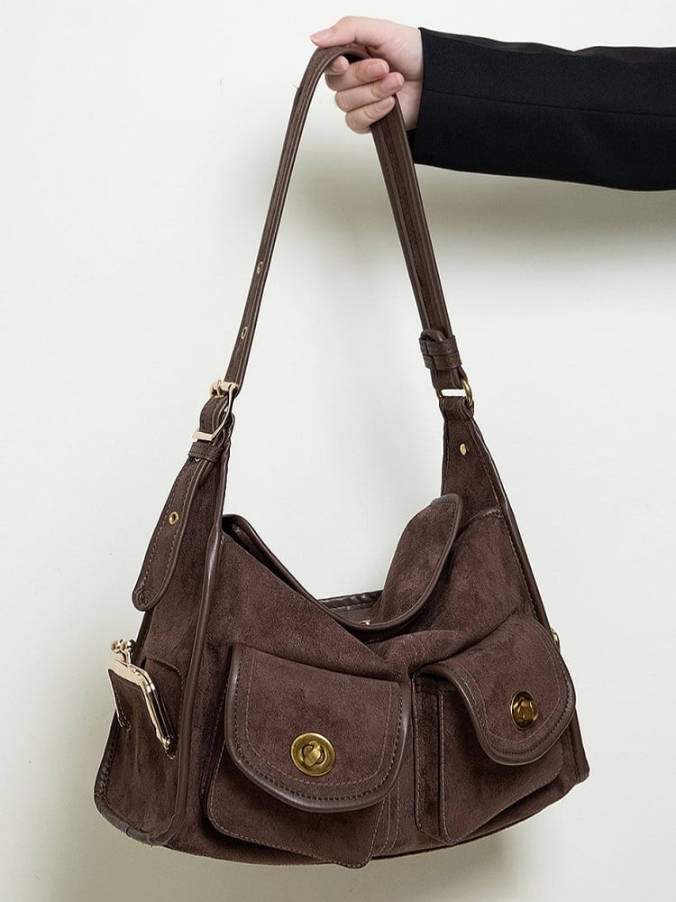 Vintage Brown Single-Shoulder Tote Bag With Gold-tone Hardware - Spacious And Elegant