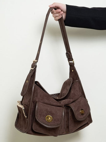 Vintage Brown Single-Shoulder Tote Bag With Gold-tone Hardware - Spacious And Elegant