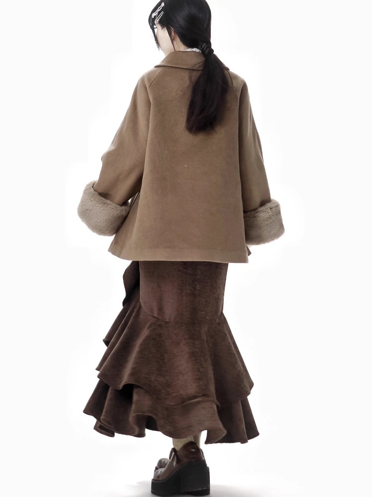 Coffee Oversized Long-Sleeve Coat with Detachable Plush Cuffs