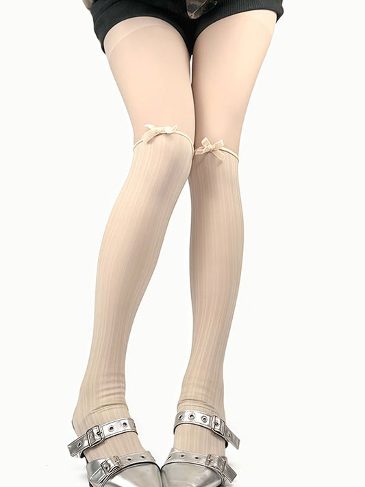 Tights Black/Beige Decorated Bowknot Striped
