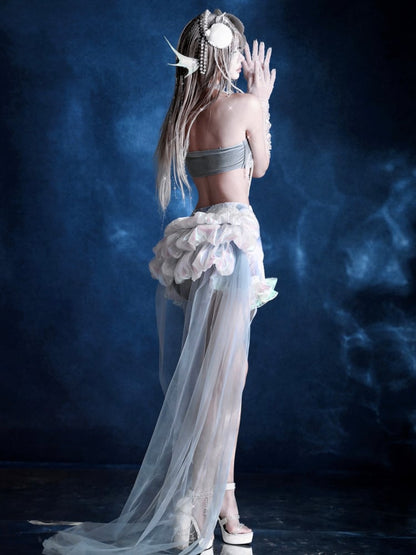 取り外し可能なトレーンフェアリービーズチュールディテールとゴススカートスパンコール付き