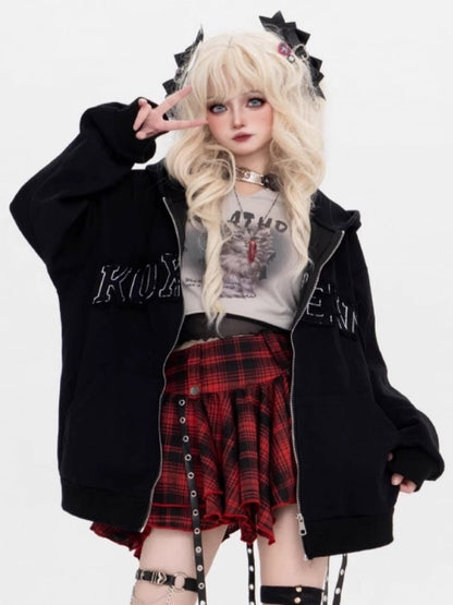 And Applique Puppy Hoodie Black Letter Fleece With Ears Print