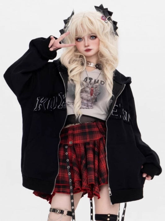 And Applique Puppy Hoodie Black Letter Fleece With Ears Print