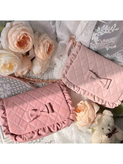 Light Pink Crossbody Lolita Bag with Diamond Pattern and Bows - Seraphim
