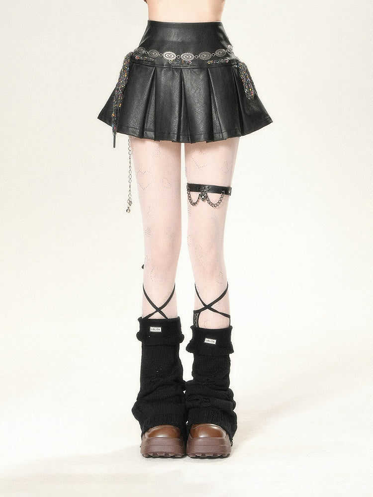 ミニスカート ブラック ハイウエスト ボックスプリーツ PU