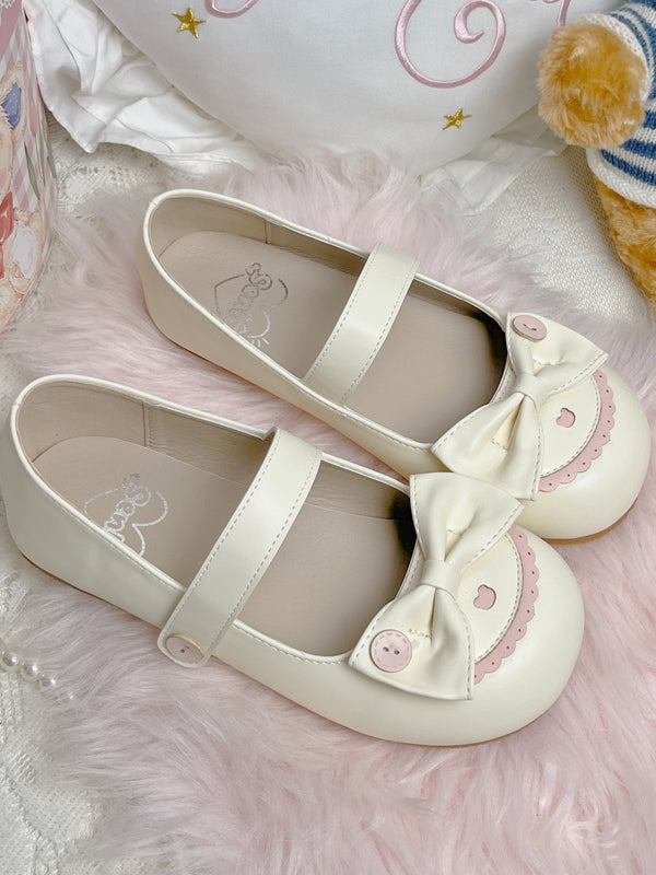 Top Beige Closures Sweet Bow Design Details Strap Pink Flats Toe Velcro Round Button with PU