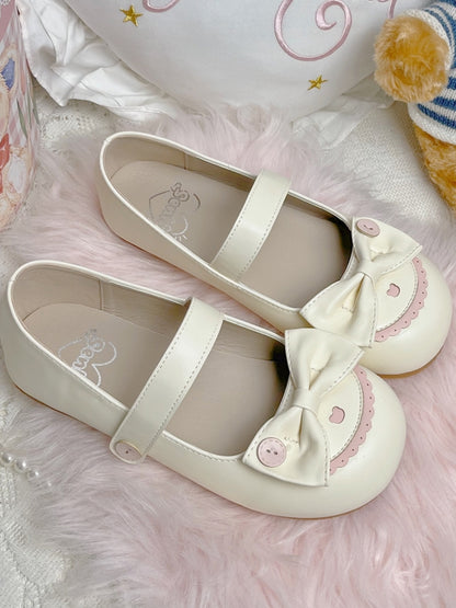 Top Beige Closures Sweet Bow Design Details Strap Pink Flats Toe Velcro Round Button with PU