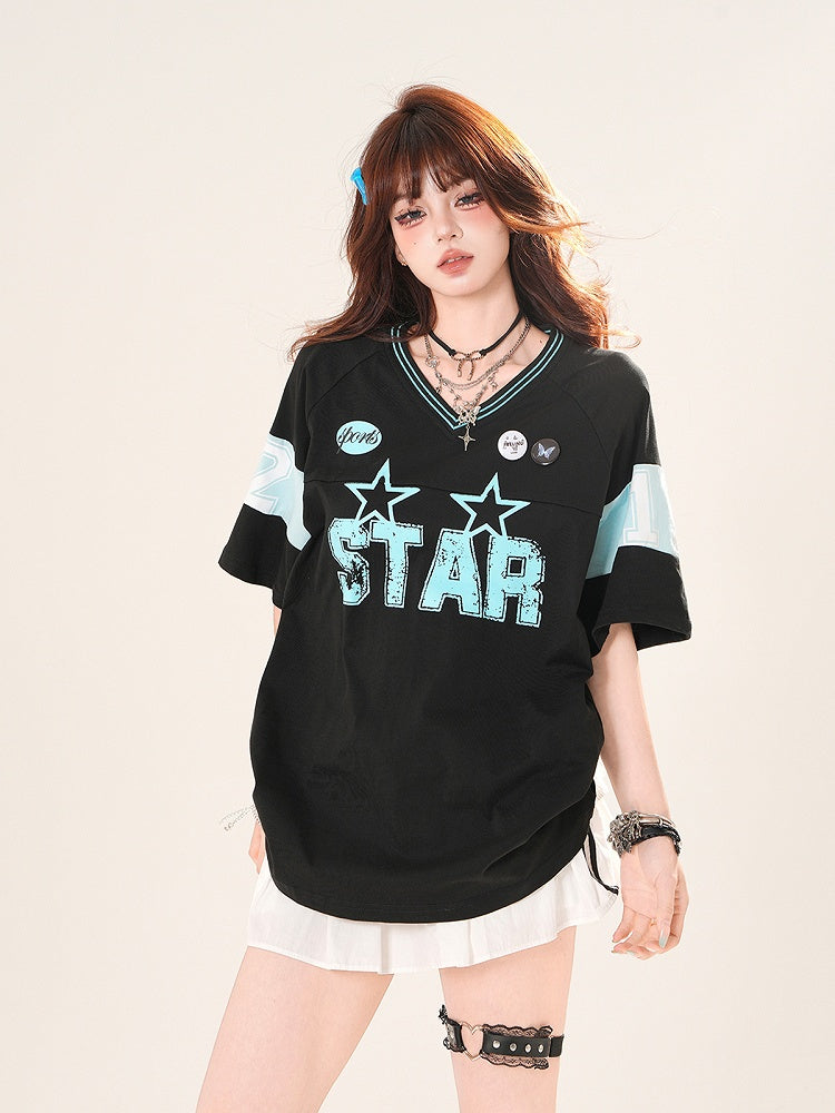 ブラック/ホワイト Vネック レタープリント ブロケット コア Tシャツ