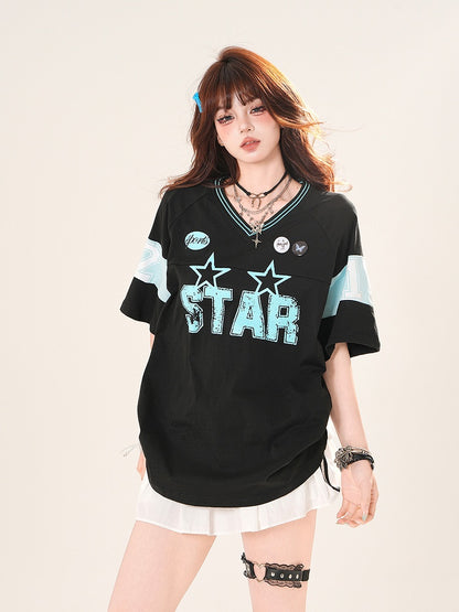 ブラック/ホワイト Vネック レタープリント ブロケット コア Tシャツ