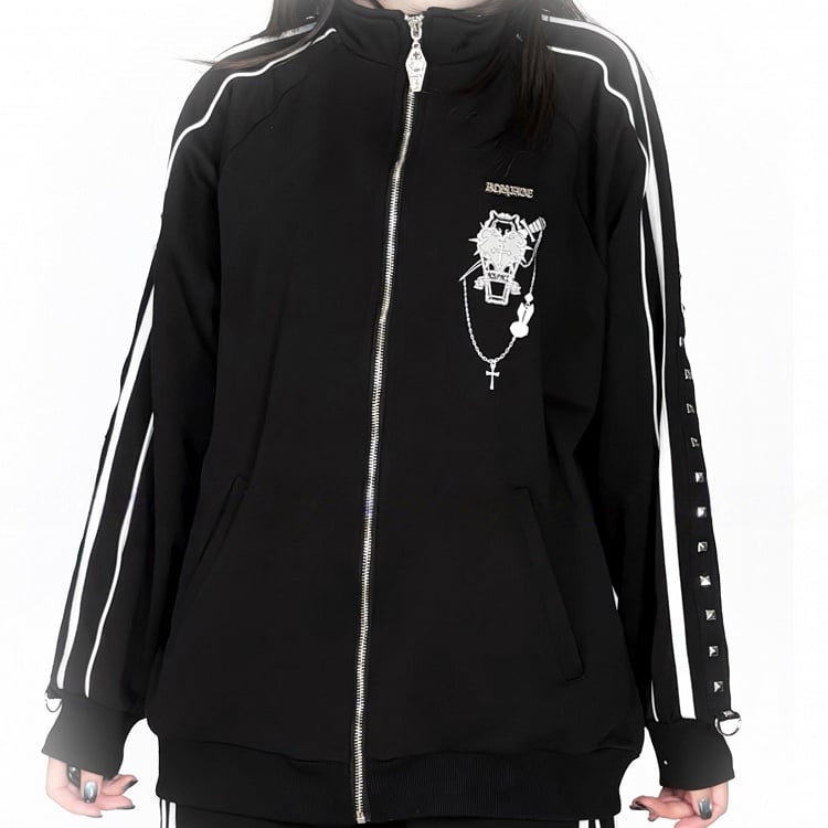 Stud Jirai Jacket Decorations Long-Sleeve Casual Black with Kei Printed