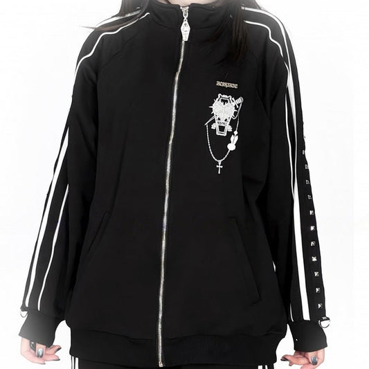 Stud Jirai Jacket Decorations Long-Sleeve Casual Black with Kei Printed