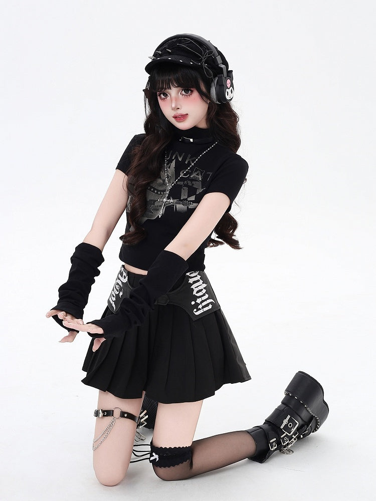 Graffiti PU Closure Pleated with Skirt Gothic Zipper Black Buckles
