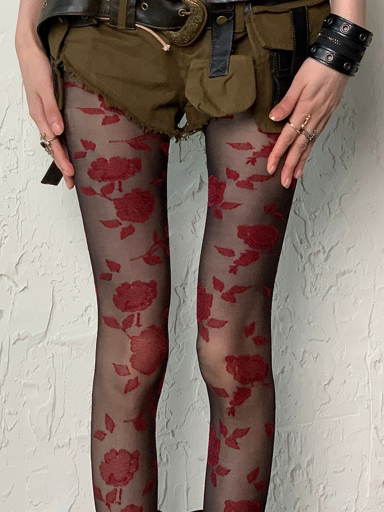 BlackRed Pattern Tights Gothic Rosette