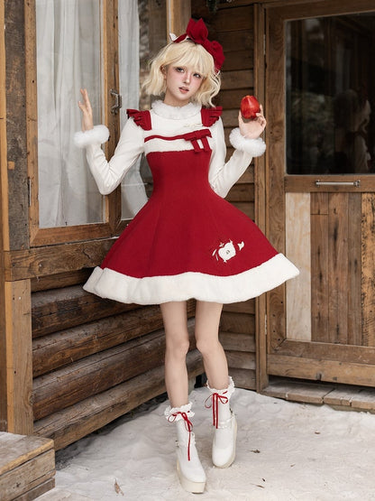 with Lolita Flutter Dress Fluffy Straps Embroidery Winter Apple Hem Red