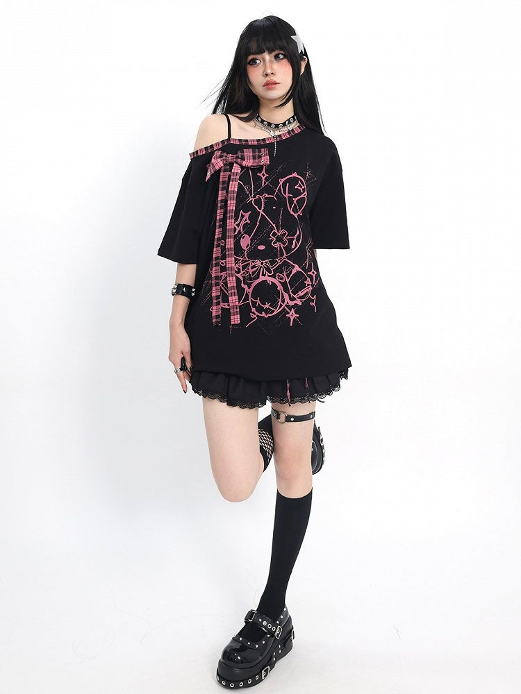 Ebony and Rose Asymmetric Tee with Doll Graphic and Check Bow - Catwish