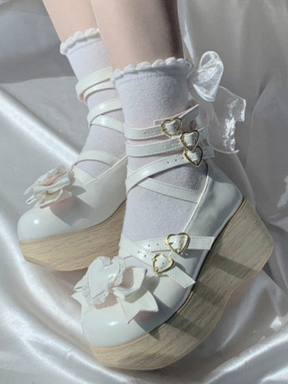 Detachable White Bow 6.5cm Heart Janes Wood Design Mary Sole with Platform Crisscross Grain -