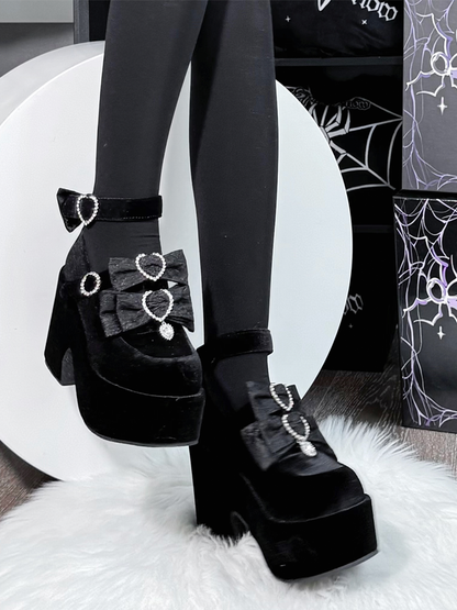 Jirai Kei Black Suede Platform Mary Janes | Dual Jacquard Lace Bows Top & Rhinestone Decor