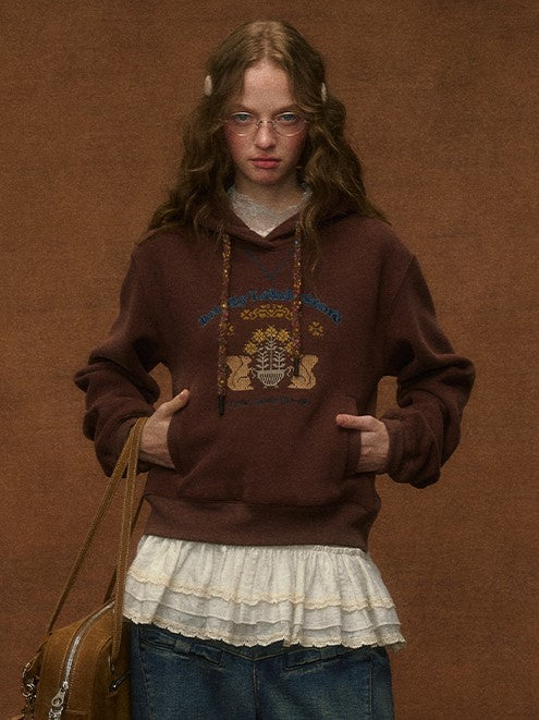 Hoodie Embroidery Vintage Squirrel Preppy with Brown