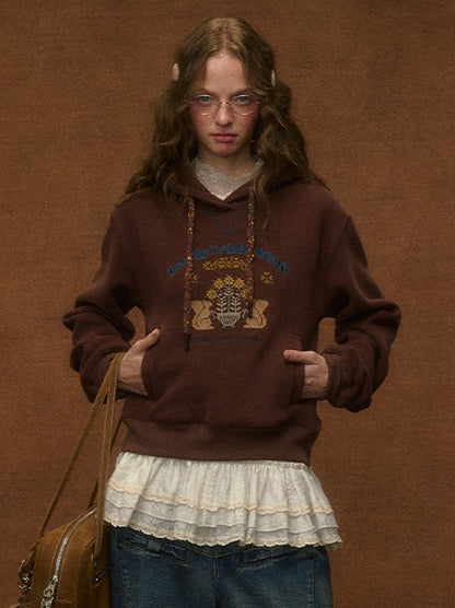 Hoodie Embroidery Vintage Squirrel Preppy with Brown