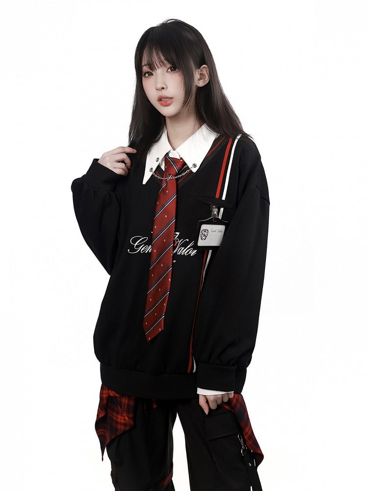 Kawaii Preppy Star-Printed V-Neck Pullover in Black - PINK SAVIOR