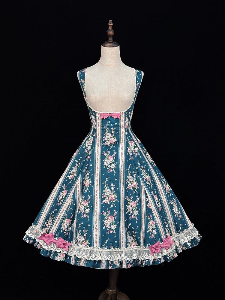 Teal Floral Print Bustier Lolita Dress with Back Lace-Up Detailing - Miss Cube Dressworks