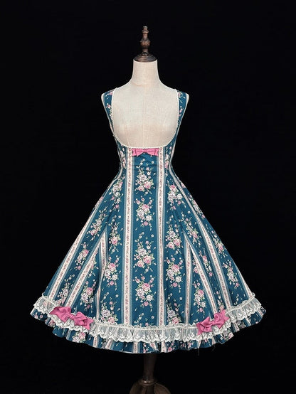 Teal Floral Print Bustier Lolita Dress with Back Lace-Up Detailing - Miss Cube Dressworks