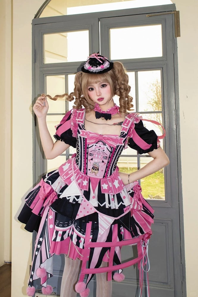 Jumper Embroidery Bunny Black Pink Lolita with Dress Skirt Sleeves Puff and Sweet Circus Detachable